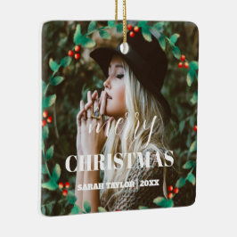 Ornamento De Cerâmica Script de Foto de Natal Merry Wreath Personalizado