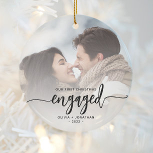 Ornamento De Cerâmica Script de Foto Personalizado em Primeiro Natal Env