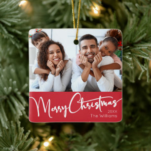Ornamento De Cerâmica Script Festivo   Red Merry Christmas