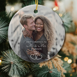 Ornamento De Cerâmica Script First Christmas Mr & Mrs Wedding Photo