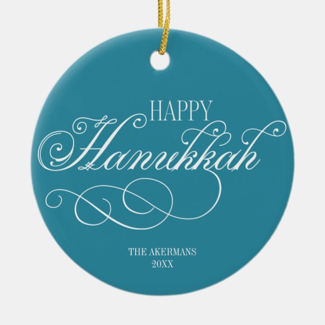 Ornamento De Cerâmica Script Happy Hanukkah Holiday (Frente)