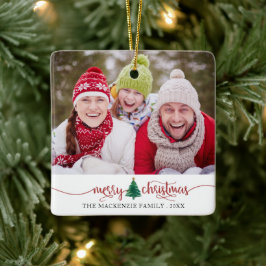 Ornamento De Cerâmica Script Merry Christmas Tree Red Green 2 Photo