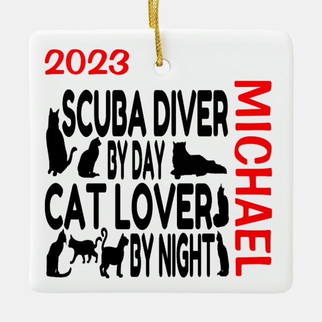 Ornamento De Cerâmica Scuba Diver Ama Cats PERSONALIZADO (Frente)