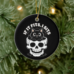 Ornamento De Cerâmica Se Cabe Eu Sento Caveira de Gato Preto Meme Minima
