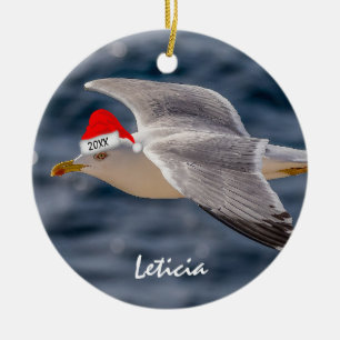 Ornamento De Cerâmica Sea Gull no Natal de Santa Hat