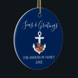 Ornamento De Cerâmica Seas e Saudações Poinsettia Anchor FOTO DE VOLTA<br><div class="desc">Ornamento Azul Do Marinho De Caligrafia na moda,  Manchas Náuticas E Saudações. Âncora com Watercolor Floral,  incluindo poinsetos vermelhos,  cones de pínus e outros belos verdes de inverno. Foto de volta.</div>
