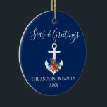 Ornamento De Cerâmica Seas e Saudações Poinsettia Anchor FOTO DE VOLTA<br><div class="desc">Ornamento Azul Do Marinho De Caligrafia na moda,  Manchas Náuticas E Saudações. Âncora com Watercolor Floral,  incluindo poinsetos vermelhos,  cones de pínus e outros belos verdes de inverno. Foto de volta.</div>