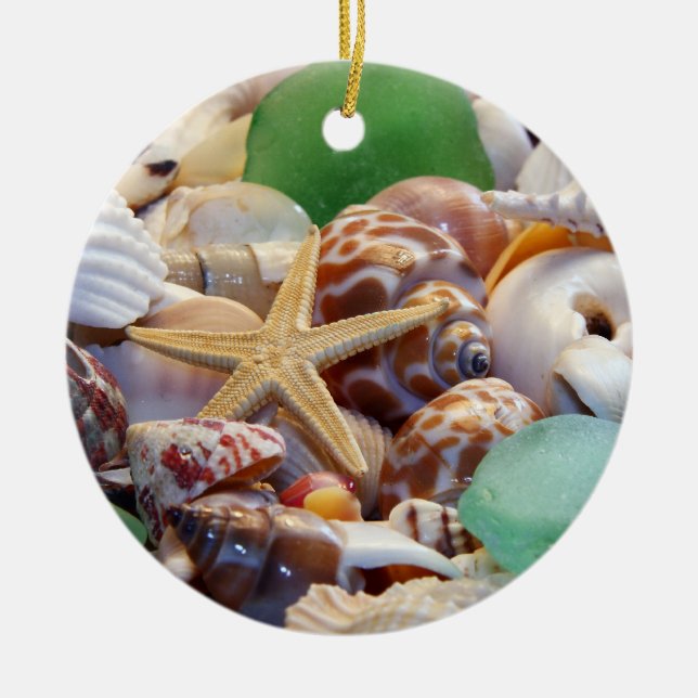Ornamento De Cerâmica Seashells, Starfish & Beach Glass Ornament (Frente)