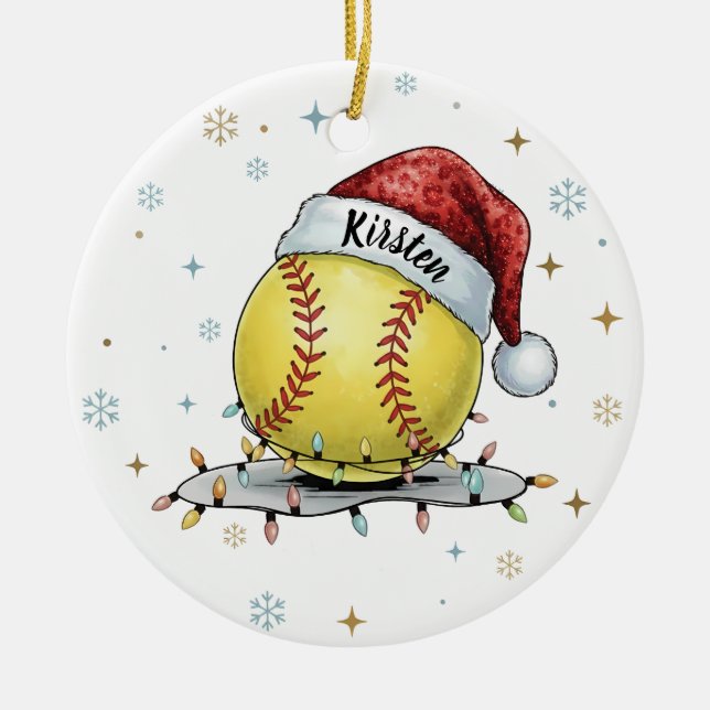 Ornamento De Cerâmica Seasonal Sparkle: Softball with Santa Hat  (Frente)