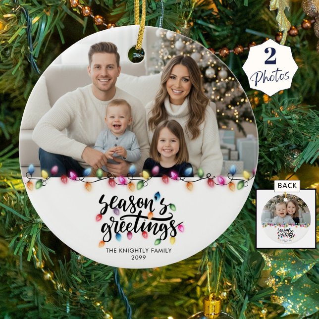 Ornamento De Cerâmica Seasons Saudações 2 Fotos das Luzes de Natal Nome (Criador carregado)