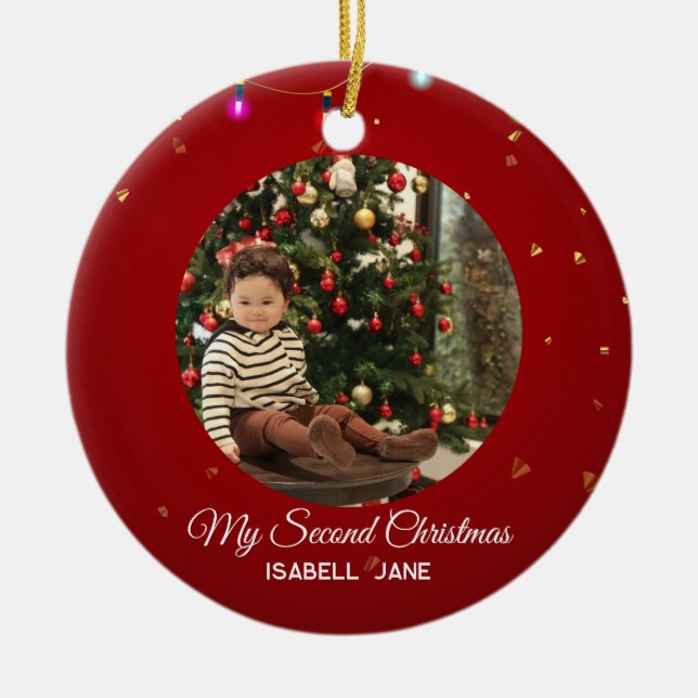 Ornamento De Cerâmica Second Christmas Custom Family Photo Text Template (Frente)