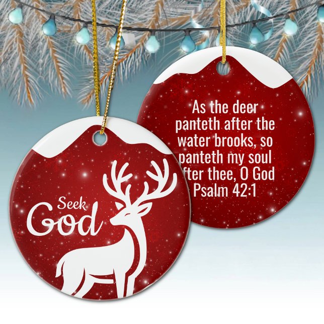 Ornamento De Cerâmica Seek God Religious Holiday  ⛪️ 🎄 (Editable Seek God, Scripture Festive Reindeer Gospel Ceramic Ornament Red Berry Deer Psalm 42:1 🦌✞)