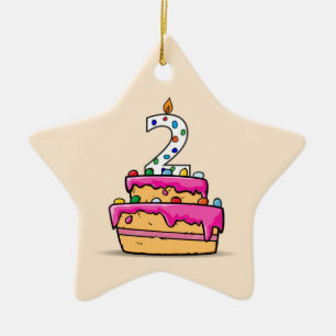 Ornamento De Cerâmica Segundo aniversário, 2 no Bolo Rosa Doce