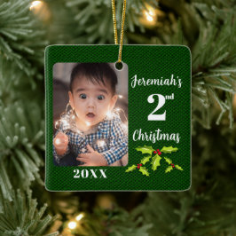 Ornamento De Cerâmica Segundo Natal do bebê Tecido Verde Faux