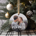 Ornamento De Cerâmica Sempre Script Sobrepor Casais Personalizados Foto<br><div class="desc">Crie uma doce lembrança do seu casamento,  noivado,  aniversário,  lua de mel ou momento especial com este ornamento cerâmico personalizado que é perfeito para casais. Adicione uma foto favorita a cada lado,  com "sempre" sobreposto em letra casual de escrita de pincel,  e suas iniciais abaixo.</div>