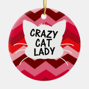 Ornamento De Cerâmica Senhora louca do gato com teste padrão vermelho d