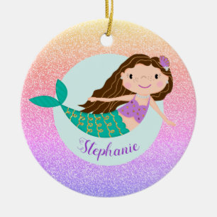 Ornamento De Cerâmica Sereia Arco-íris Brilho Nome Personalizado