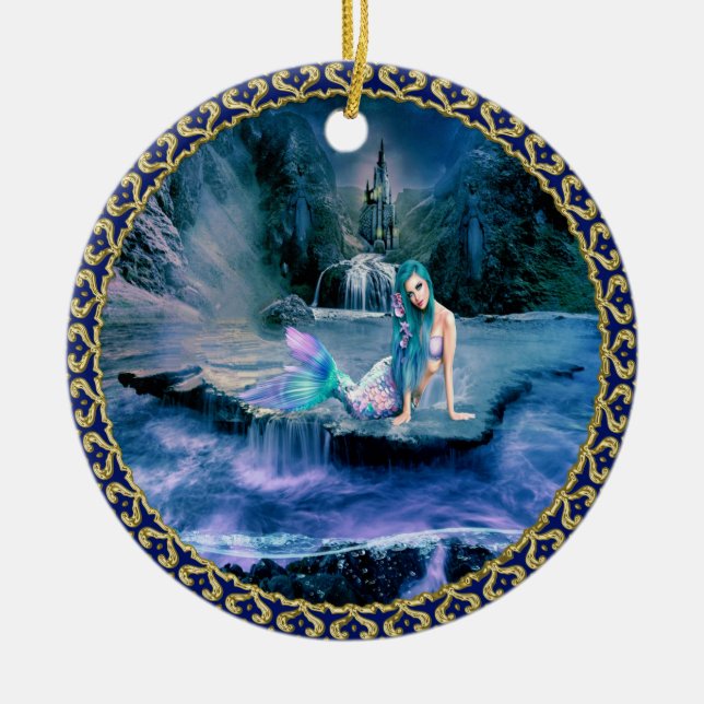 Ornamento De Cerâmica Sereia com cabelo de turquesa (Frente)