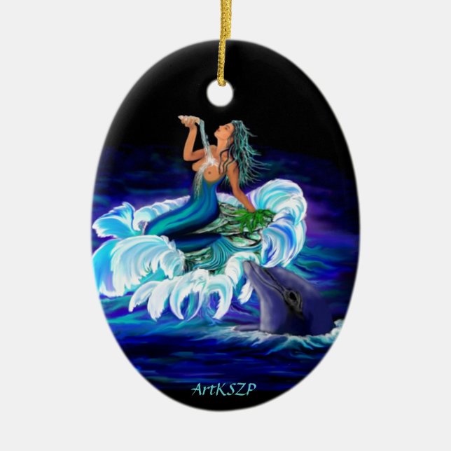 Ornamento De Cerâmica Sereia com golfinho (Frente)