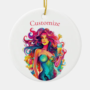 Ornamento De Cerâmica Sereia de cabelo arco-íris com coquetel
