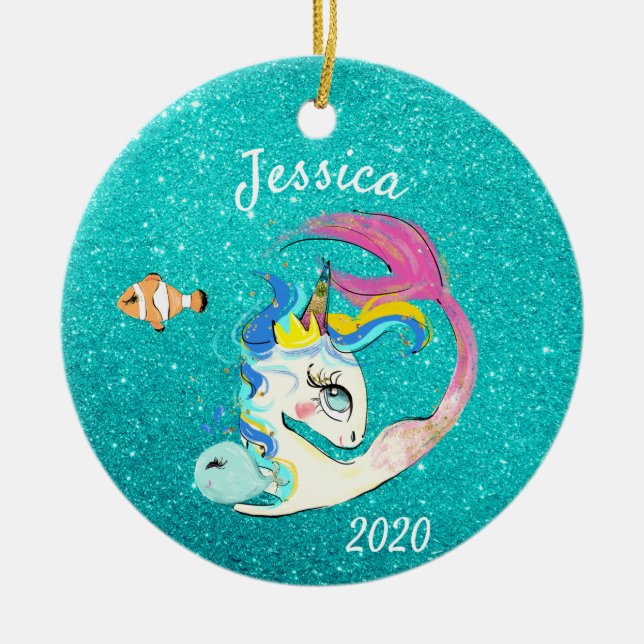 Ornamento De Cerâmica Sereia de Teal Sparkle Unicorn - Glitter Personali (Frente)