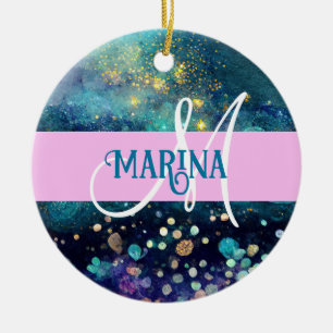Ornamento De Cerâmica Sereia Glam Aqua Dourado Brilho Faíscas Monograma