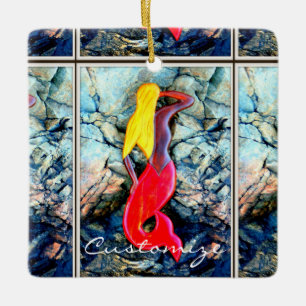 Ornamento De Cerâmica sereia loira de cauda vermelha