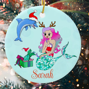 Ornamento De Cerâmica Sereia Natal Abrindo presentes Nome