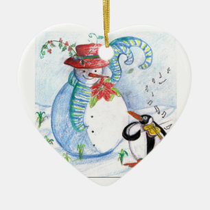 ORNAMENTO DE CERÂMICA SERENADE DE INVERNO DE SNOWMAN E PENGUIN