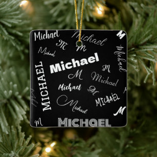 Ornamento De Cerâmica Seu nome e padrão personalizado de monograma preto