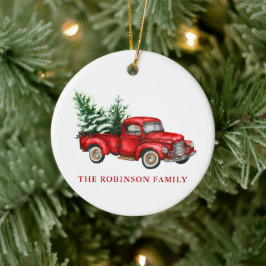 Ornamento De Cerâmica Seu Nome Watercolor Vintage Red Truck Trees Snow