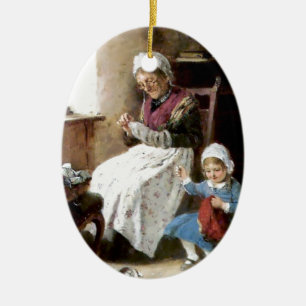 Ornamento De Cerâmica Sewing da avó e da neta