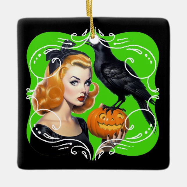 Ornamento De Cerâmica Sexy Halloween Girl e Raven (Frente)