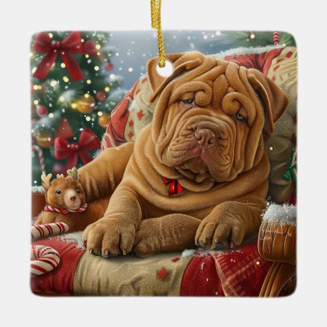 Ornamento De Cerâmica Shar Pei Cachorro Festivo (Frente)
