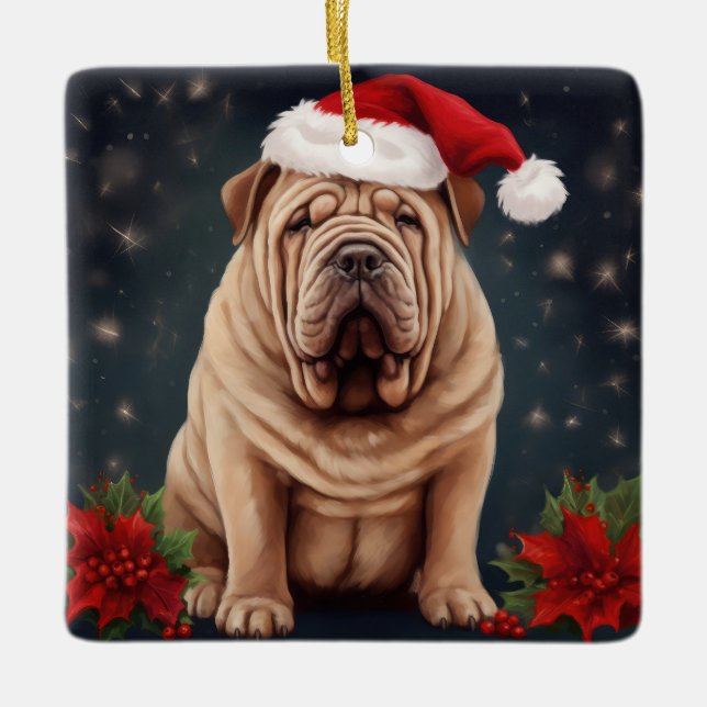 Ornamento De Cerâmica Shar Pei Dog no Natal da Neve (Frente)