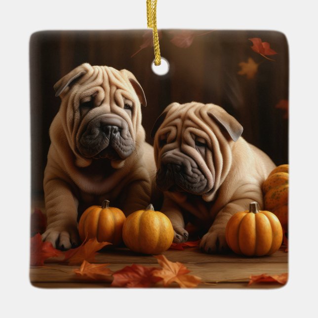 Ornamento De Cerâmica Shar Pei Puppy Autumn Delight Pumpkin (Frente)