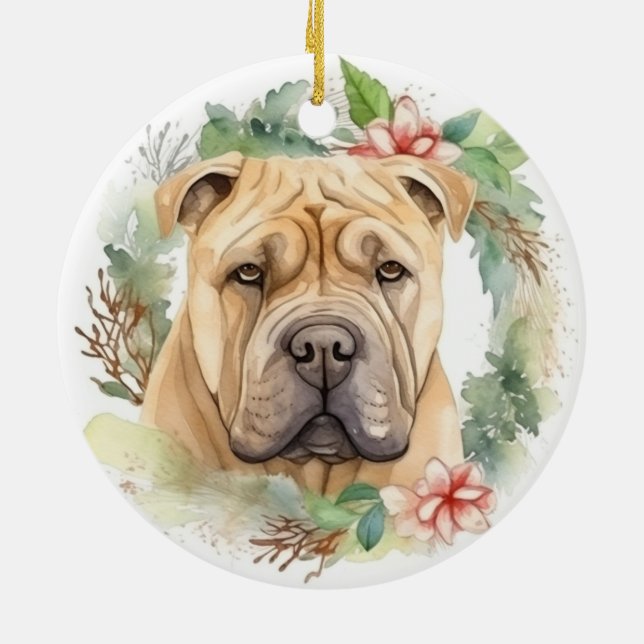 Ornamento De Cerâmica Shar Pei Wreath Christmas Festivo Pup (Traseira)