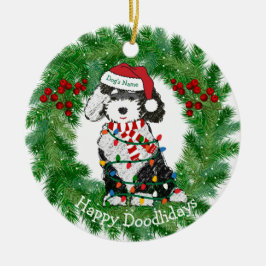 Ornamento De Cerâmica Sheepadoodle das Luzes de Natal Personalizadas