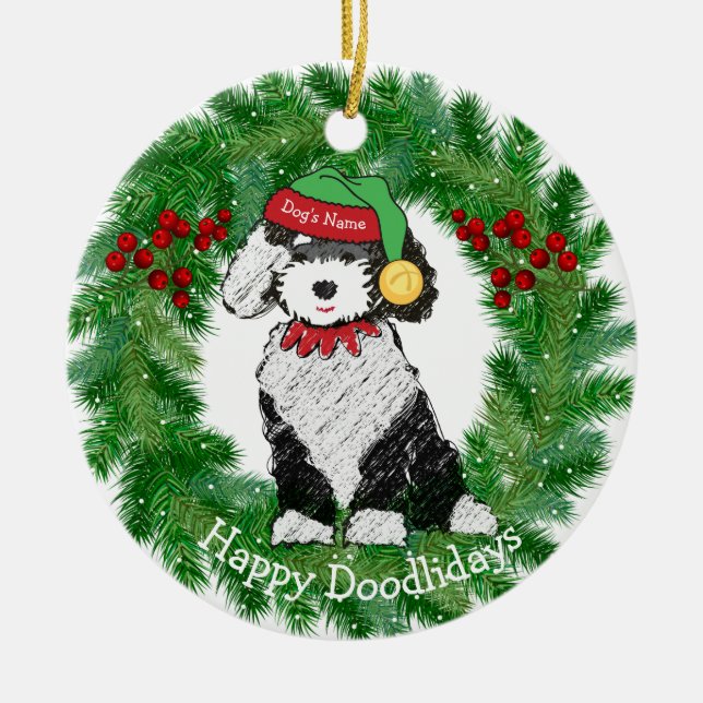 Ornamento De Cerâmica Sheepadoodle do Elf de Natal Personalizado (Frente)