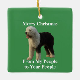 Ornamento De Cerâmica Sheepdog do Natal com mensagem do feriado