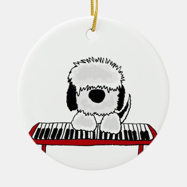 Ornamento De Cerâmica Sheepdog inglês velho engraçado que joga o teclado (Frente)