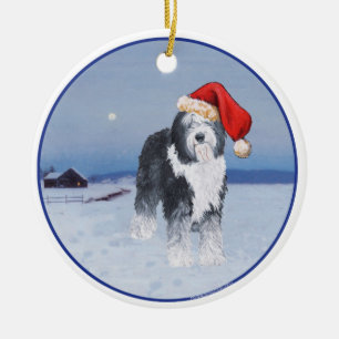 Ornamento De Cerâmica Sheepdog Santa Hat
