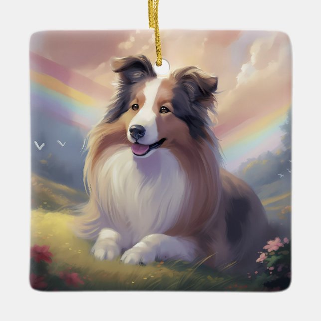 Ornamento De Cerâmica Sheltie Dog Memorial Rainbow Bridge Personalizada (Frente)
