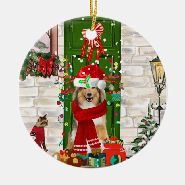 Ornamento De Cerâmica Sheltie Dog Natal (Frente)