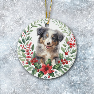 Ornamento De Cerâmica Shepherd Puppy Poinsettia Wreath