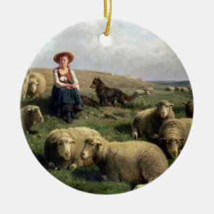 Ornamento De Cerâmica Shepherdess com carneiros em uma paisagem