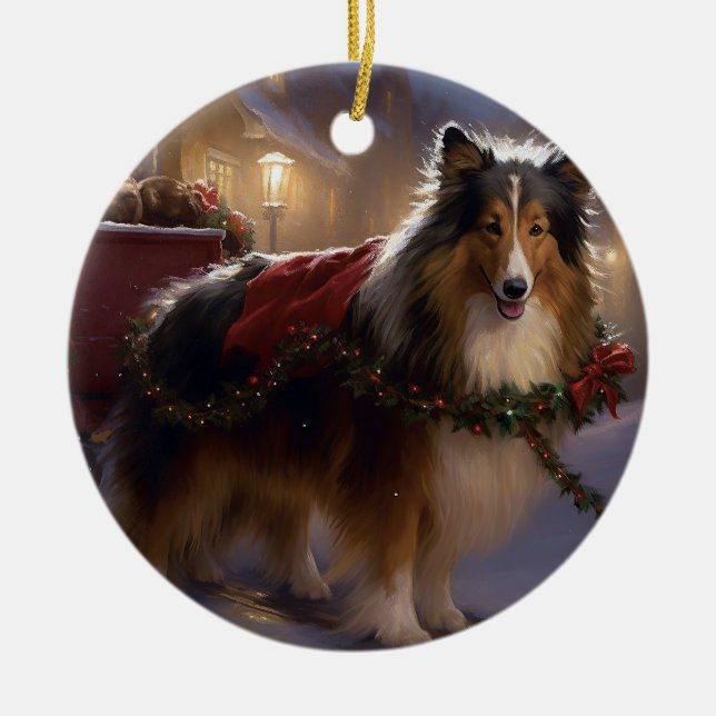 Ornamento De Cerâmica Shetland Sheepdog Christmas Fesason Season (Frente)