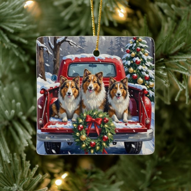 Ornamento De Cerâmica Shetland Sheepdog Christmas Red Truck Holiday (Árvore)