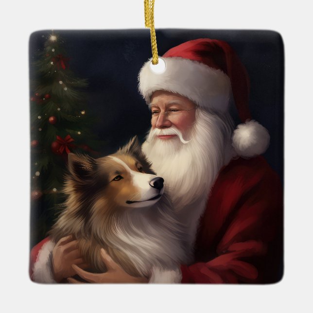 Ornamento De Cerâmica Shetland Sheepdog Papai Noel Natal Festivo (Frente)