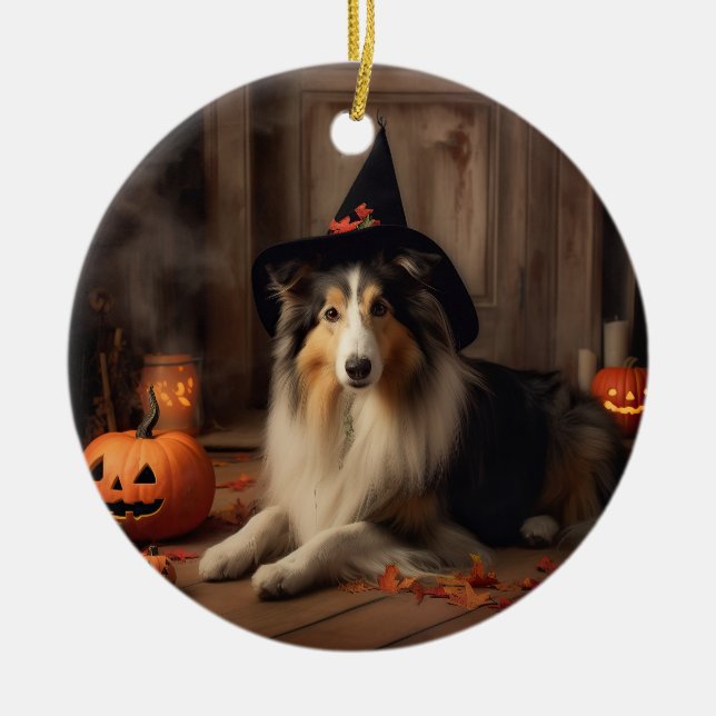 Ornamento De Cerâmica Shetland Sheepdog Pumpkins Halloween Assustado (Frente)